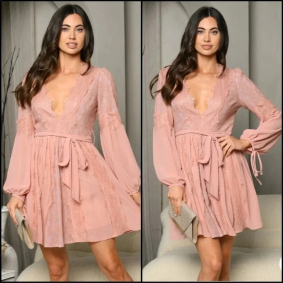 Blush Pink Lace Mini Dress | Long Sleeve Romantic Party & Wedding Guest - Picture 4 of 6